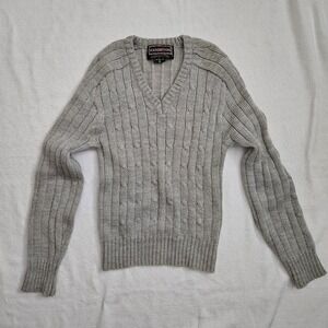 Vintage Gray Cable Knit V-Neck Sweater Acrylic Size S Korea
